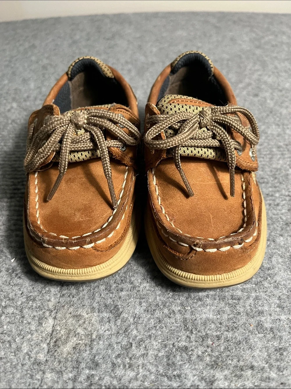 Sperry Kids Suede Moccasin Boat Shoes in Brown/Tan. Discoloration on top.0